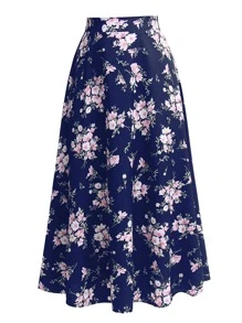 SHEIN LUNE 大碼印花喇叭半身裙 - 藏蓝色 - 查看 1