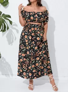 SHEIN Holidaya Plus Floral Print Off Shoulder Puff Sleeve Dress - Multicolor - View 1