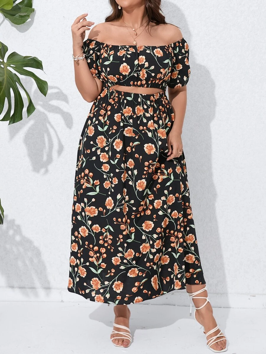 SHEIN Holidaya Plus Floral Print Off Shoulder Puff Sleeve Dress - Multicolor - View 1