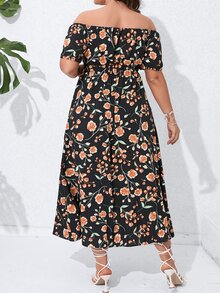 SHEIN Holidaya Plus Floral Print Off Shoulder Puff Sleeve Dress - Multicolor - View 2