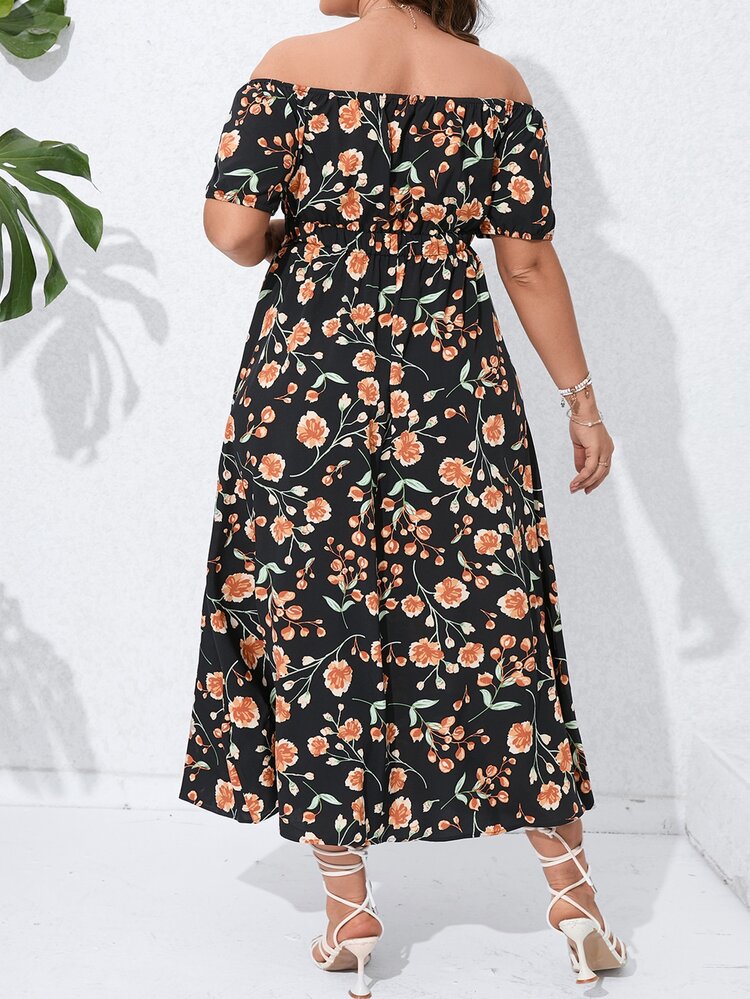 SHEIN Holidaya Plus Floral Print Off Shoulder Puff Sleeve Dress - Multicolor - View 2
