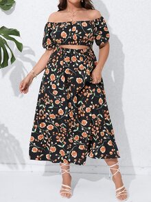 SHEIN Holidaya Plus Floral Print Off Shoulder Puff Sleeve Dress - Multicolor - View 3