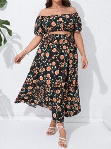 SHEIN Holidaya Plus Floral Print Off Shoulder Puff Sleeve Dress - Multicolor - View 4