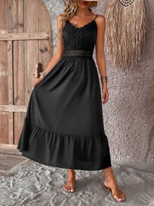 SHEIN VCAY Đầm Tương phản ren Viên lá sen màu trơn Giải trí - màu đen - Xem 3