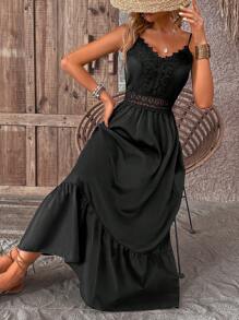 SHEIN VCAY Đầm Tương phản ren Viên lá sen màu trơn Giải trí - màu đen - Xem 4