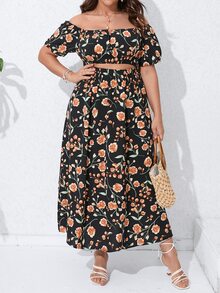 SHEIN Holidaya Plus Floral Print Off Shoulder Puff Sleeve Dress - Multicolor - View 6