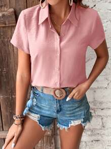Breezaya Solid Color Front Button Casual Versatile Short Sleeve Shirt, Summer - Dusty Pink - View 5