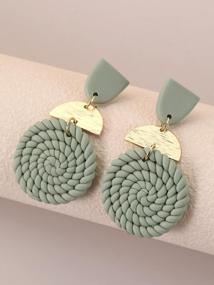 Rattan Round Drop Earrings - Mint Green - View 1