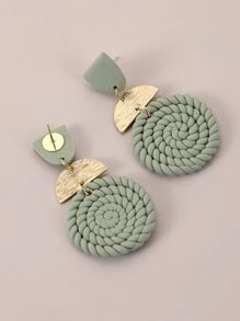 Rattan Round Drop Earrings - Mint Green - View 2