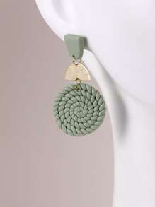 Rattan Round Drop Earrings - Mint Green - View 3
