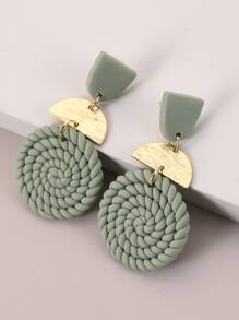 Rattan Round Drop Earrings - Mint Green - View 4