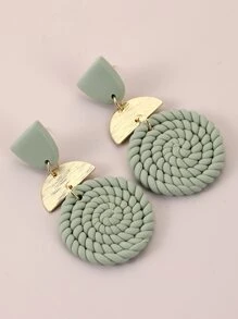 Rattan Round Drop Earrings - Mint Green - View 5