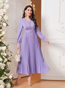 Modelyn Lantern Sleeve Pleated Hem Belted Dress - Lilac Purple - View 1