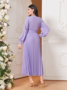 Modelyn Lantern Sleeve Pleated Hem Belted Dress - Lilac Purple - View 2