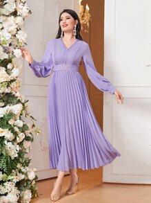 Modelyn Lantern Sleeve Pleated Hem Belted Dress - Lilac Purple - View 3