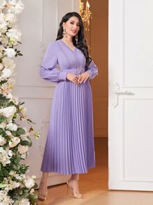 Modelyn Lantern Sleeve Pleated Hem Belted Dress - Lilac Purple - View 4