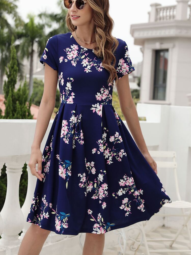 Floral Print Fold Pleated Detail Dress - Navy Blue - View 1