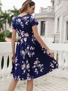 印花褶皺細節洋裝 - 藏蓝色 - 查看 3