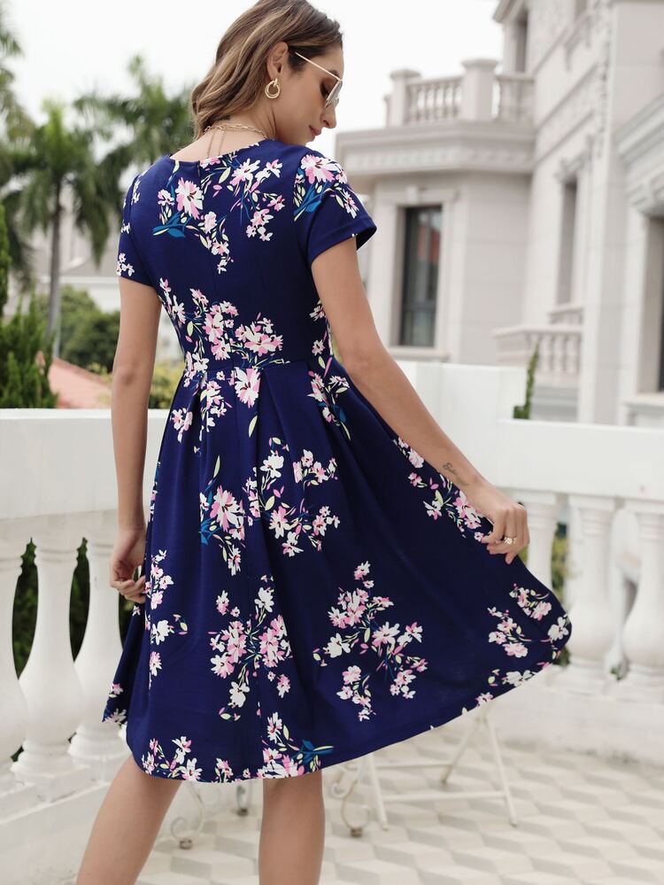 Floral Print Fold Pleated Detail Dress - Navy Blue - View 2