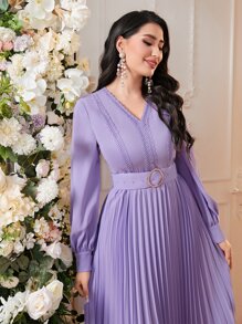 Modelyn Lantern Sleeve Pleated Hem Belted Dress - Lilac Purple - View 5