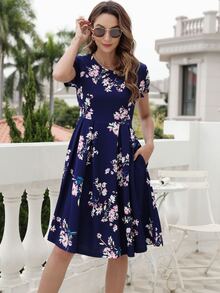 印花褶皺細節洋裝 - 藏蓝色 - 查看 4