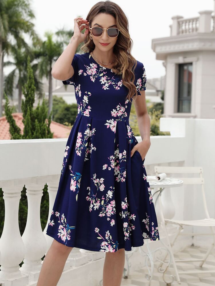 Floral Print Fold Pleated Detail Dress - Navy Blue - View 3