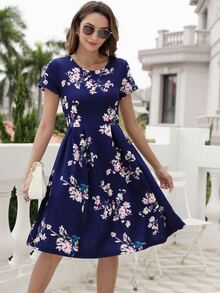 印花褶皺細節洋裝 - 藏蓝色 - 查看 5