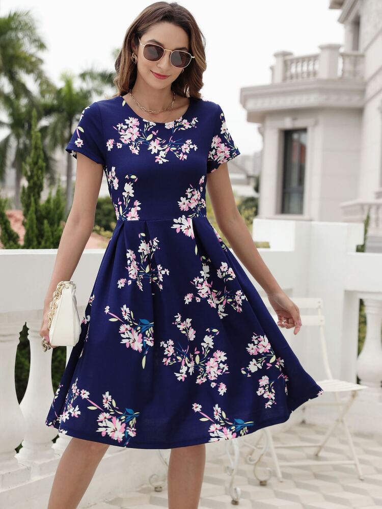 Floral Print Fold Pleated Detail Dress - Navy Blue - View 4