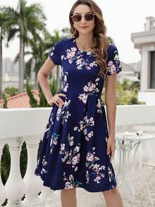 印花褶皺細節洋裝 - 藏蓝色 - 查看 6