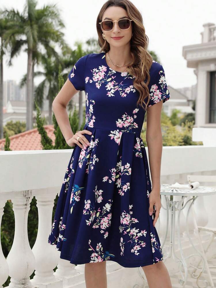 Floral Print Fold Pleated Detail Dress - Navy Blue - View 5