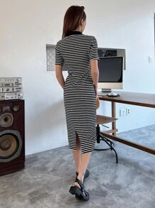 DAZY 條紋印花對比領tee連衣裙 - 黑與白 - 查看 2