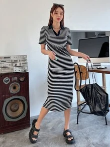 DAZY 條紋印花對比領tee連衣裙 - 黑與白 - 查看 4