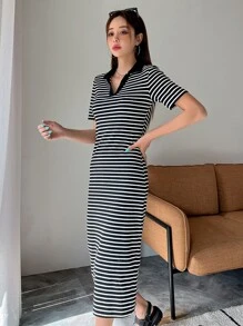 DAZY 條紋印花對比領tee連衣裙 - 黑與白 - 查看 7