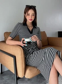 DAZY 條紋印花對比領tee連衣裙 - 黑與白 - 查看 9