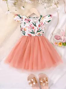 SHEIN Young Girl Floral Print Contrast Mesh A-Line Dress - Multicolor - View 1