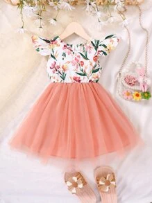 SHEIN Young Girl Floral Print Contrast Mesh A-Line Dress - Multicolor - View 2