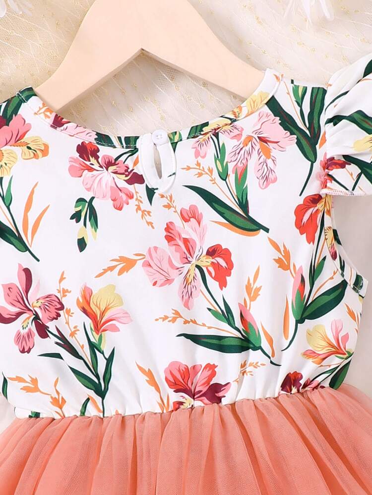 SHEIN Vestido De Línea A Para Niña Con Diseño Floral Impreso Y Detalles De Malla Contrastante - Multicolor - Añade 3