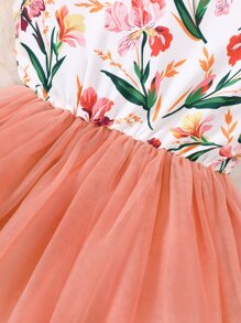 SHEIN Young Girl Floral Print Contrast Mesh A-Line Dress - Multicolor - View 5