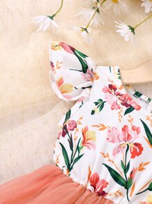 SHEIN Young Girl Floral Print Contrast Mesh A-Line Dress - Multicolor - View 6