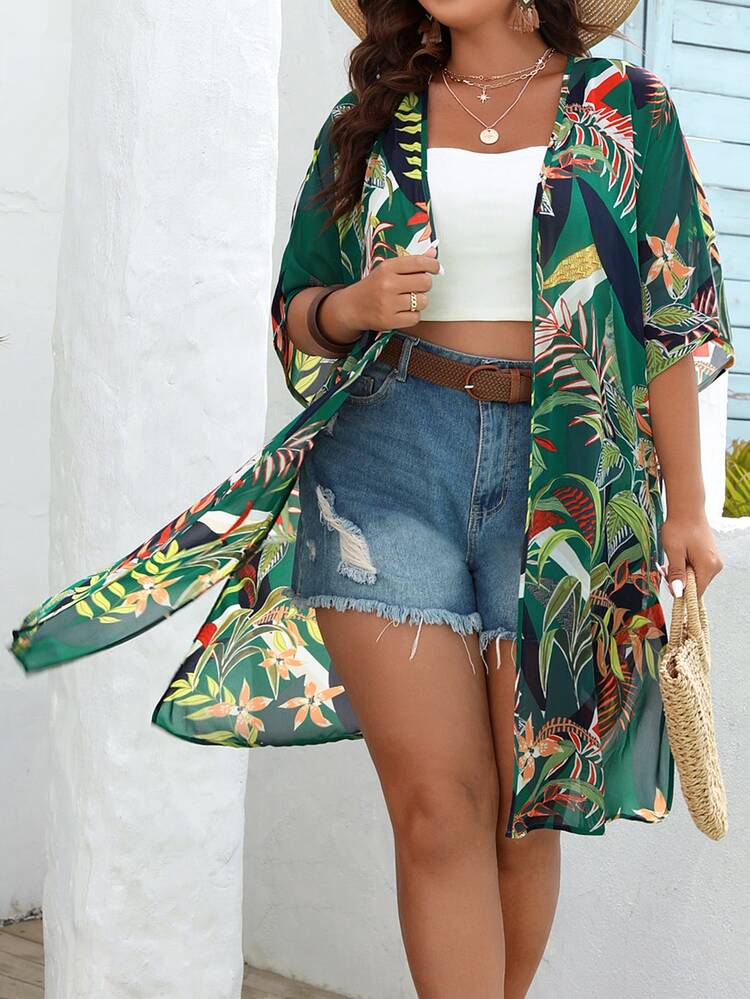 SHEIN VCAY Kimono con estampado tropical con parte delantera abierta - Multicolor - Añade 2