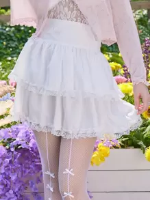 ROMWE Kawaii 对比色蕾丝层下摆裙子，学校 - 白色 - 查看 1