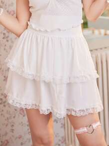 ROMWE Kawaii 对比色蕾丝层下摆裙子，学校 - 白色 - 查看 3