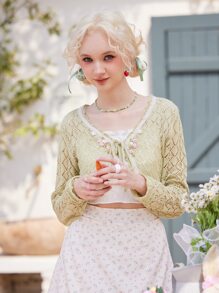 ROMWE Kawaii 前繫帶網眼針織短款開衫 - 橄欖綠 - 查看 2