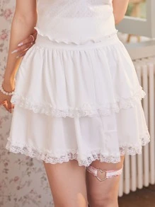 ROMWE Kawaii 对比色蕾丝层下摆裙子，学校 - 白色 - 查看 4
