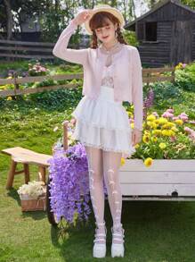 ROMWE Kawaii 对比色蕾丝层下摆裙子，学校 - 白色 - 查看 5