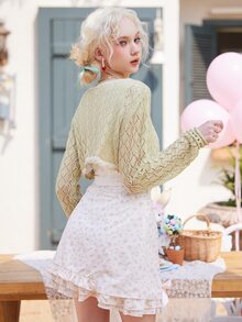 ROMWE Kawaii 前繫帶網眼針織短款開衫 - 橄欖綠 - 查看 5