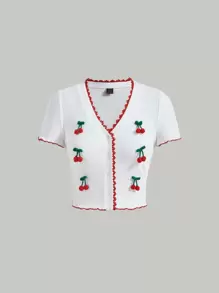 SHEIN MOD Cherry Print Contrast Lace Tee - White - View 1