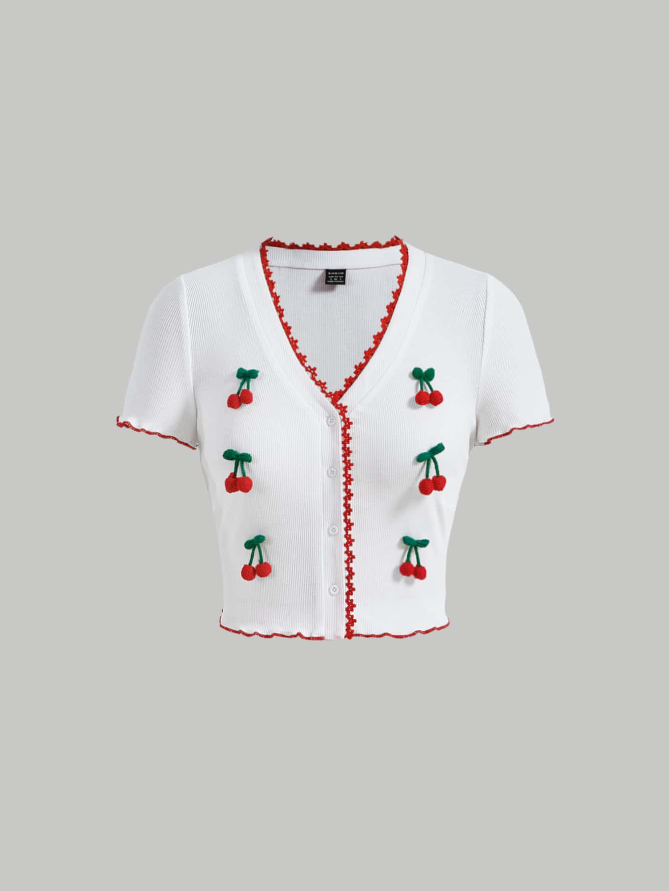 SHEIN MOD Cherry Print Contrast Lace Tee - White - View 1