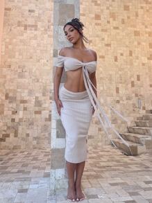 SHEIN SXY Off Shoulder Knot Front Crop Top & Ruched Split Hem Skirt - White - View 1