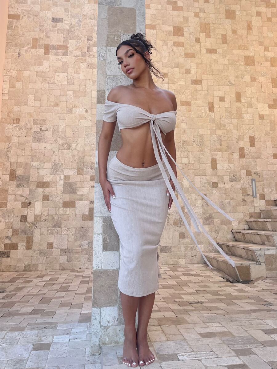 SHEIN SXY Off Shoulder Knot Front Crop Top & Ruched Split Hem Skirt - White - View 1